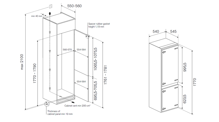 Frigorífico de encastre com porta de correr de 60cm Altura 177cm